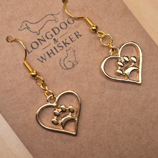 Gold Heart Dog Paw Print Earrings