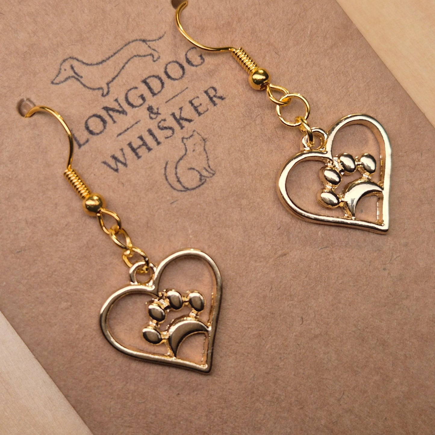 Gold Heart Dog Paw Print Earrings