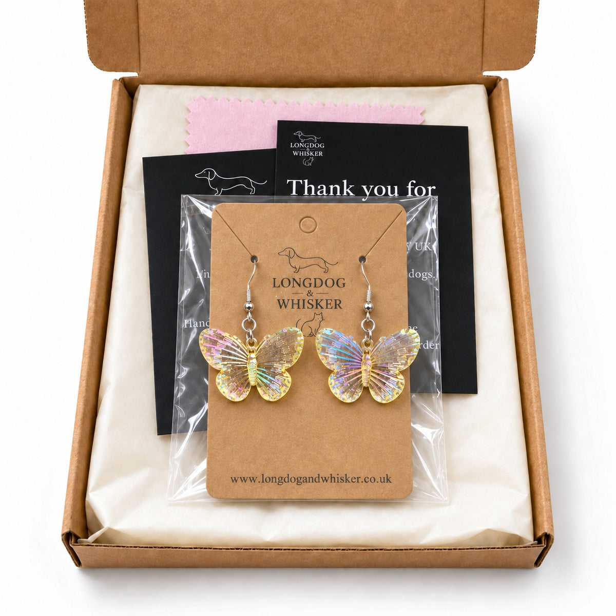 Lemon Aurora Butterfly Earrings in Longdog & Whisker gift packaging