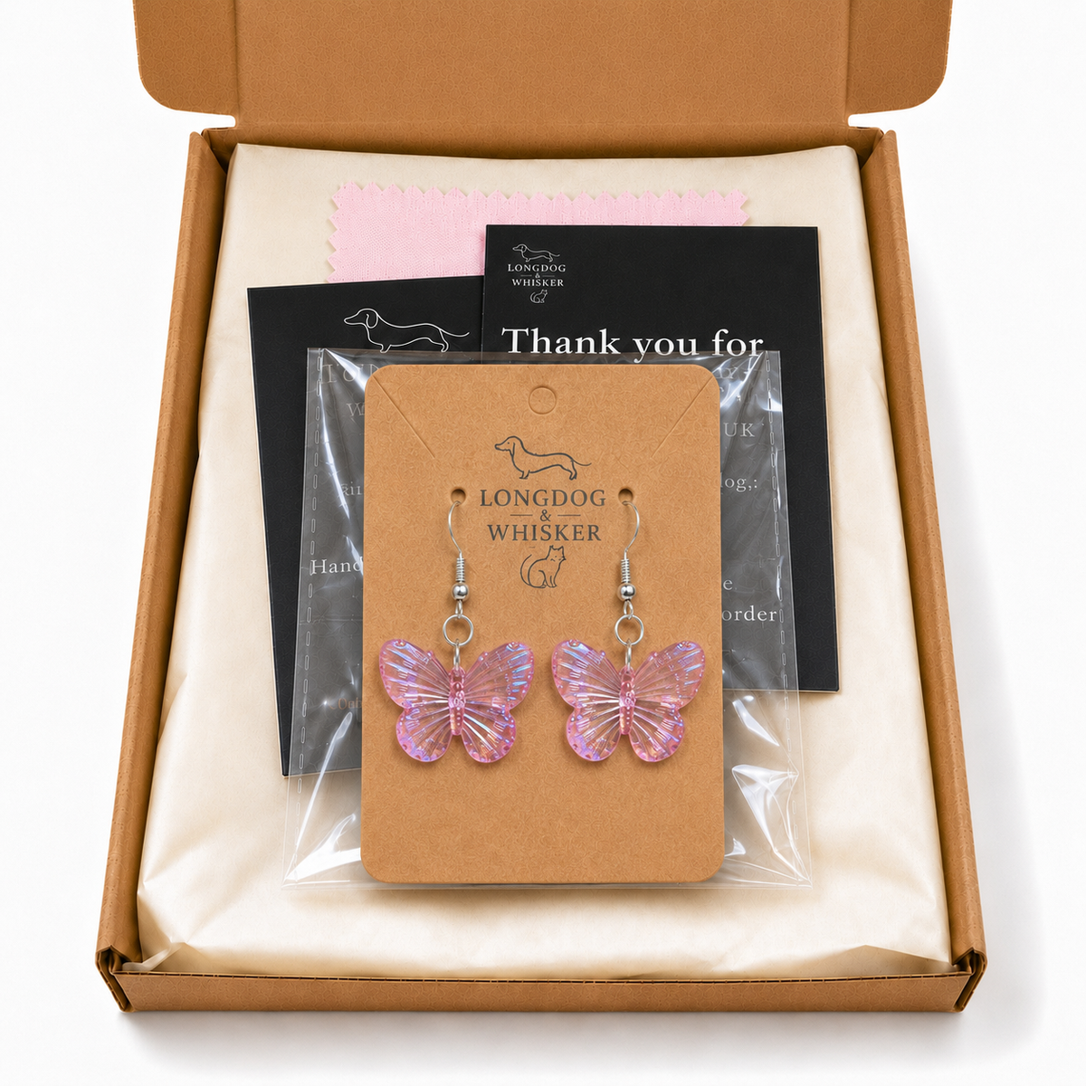 Aurora Butterfly Earrings - Pink with Longdog & Whisker packaging