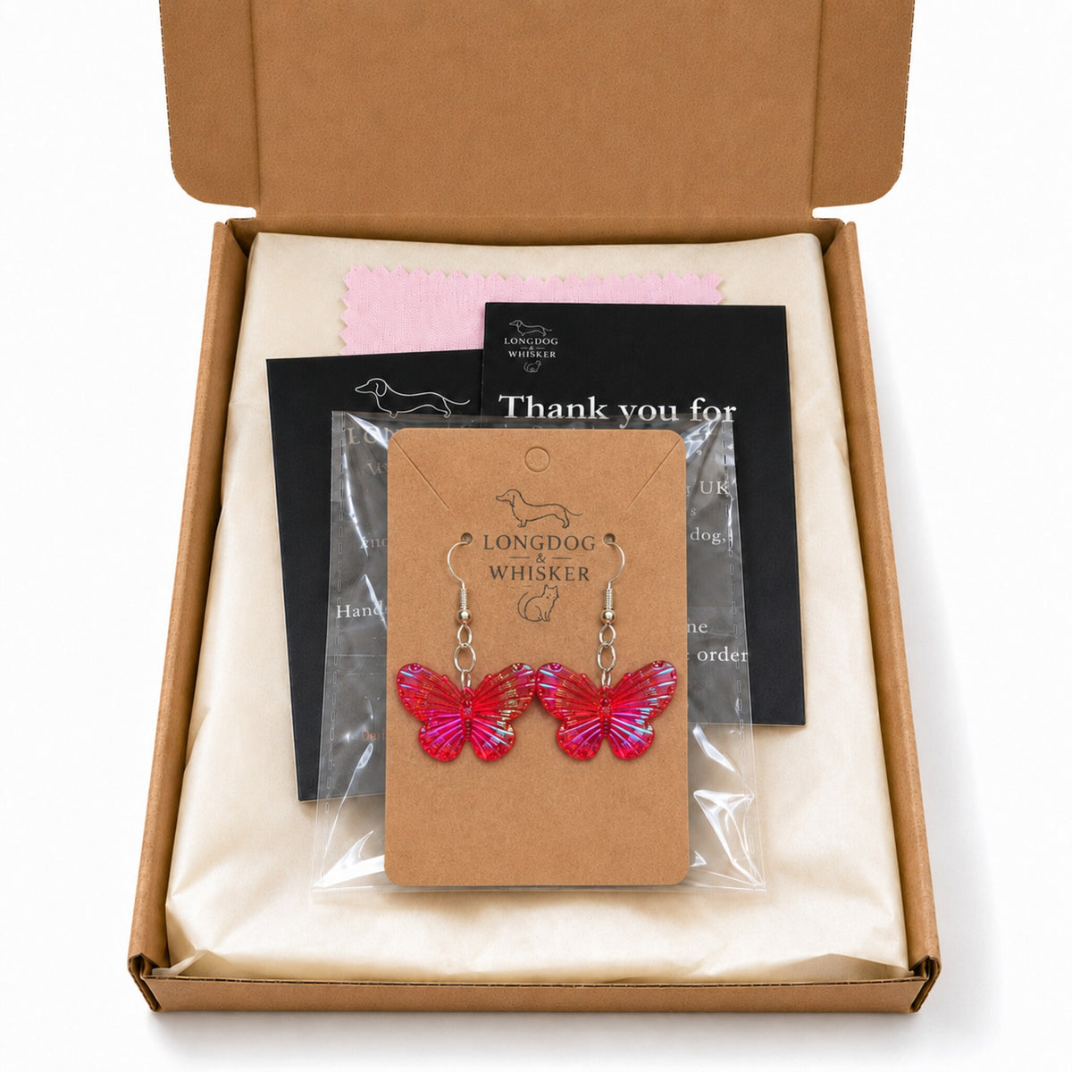 Aurora Butterfly Earrings - Red with Longdog & Whisker packaging