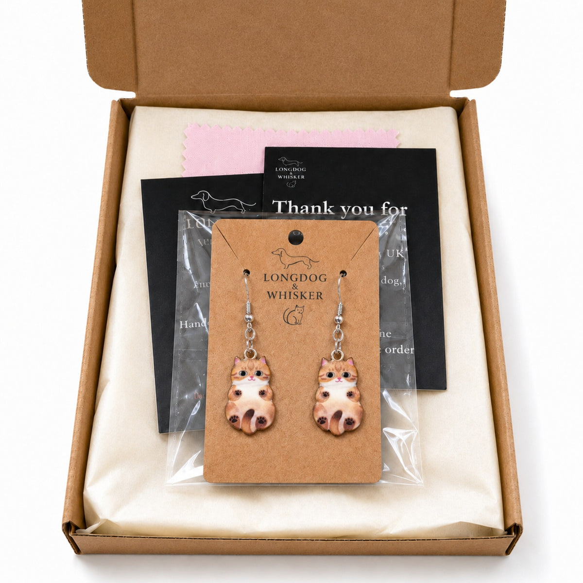 Belly Rub Cat Earrings - Tabby with Longdog & Whisker packaging