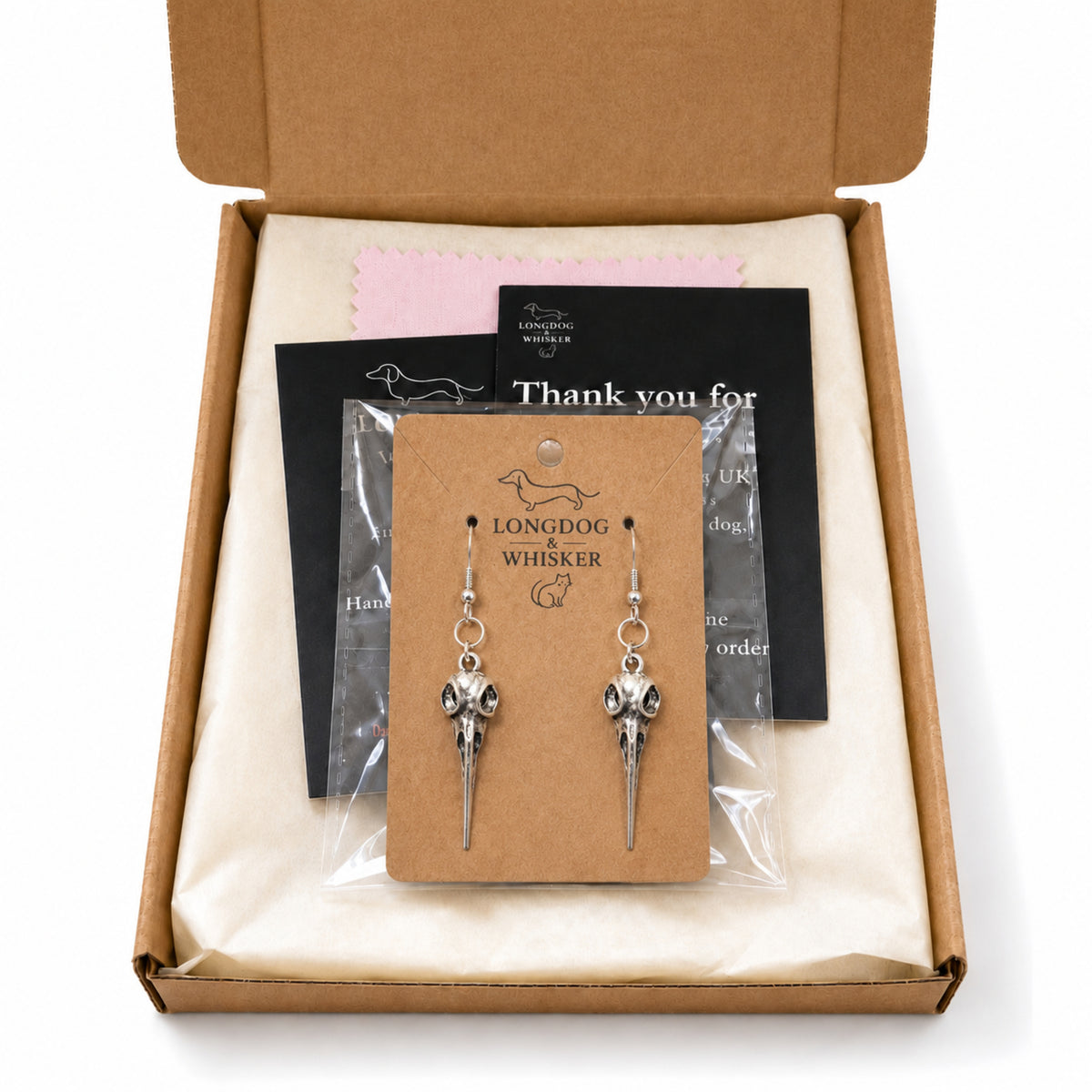 Bird Skull Earrings - Design 3 with Longdog & Whisker packaging