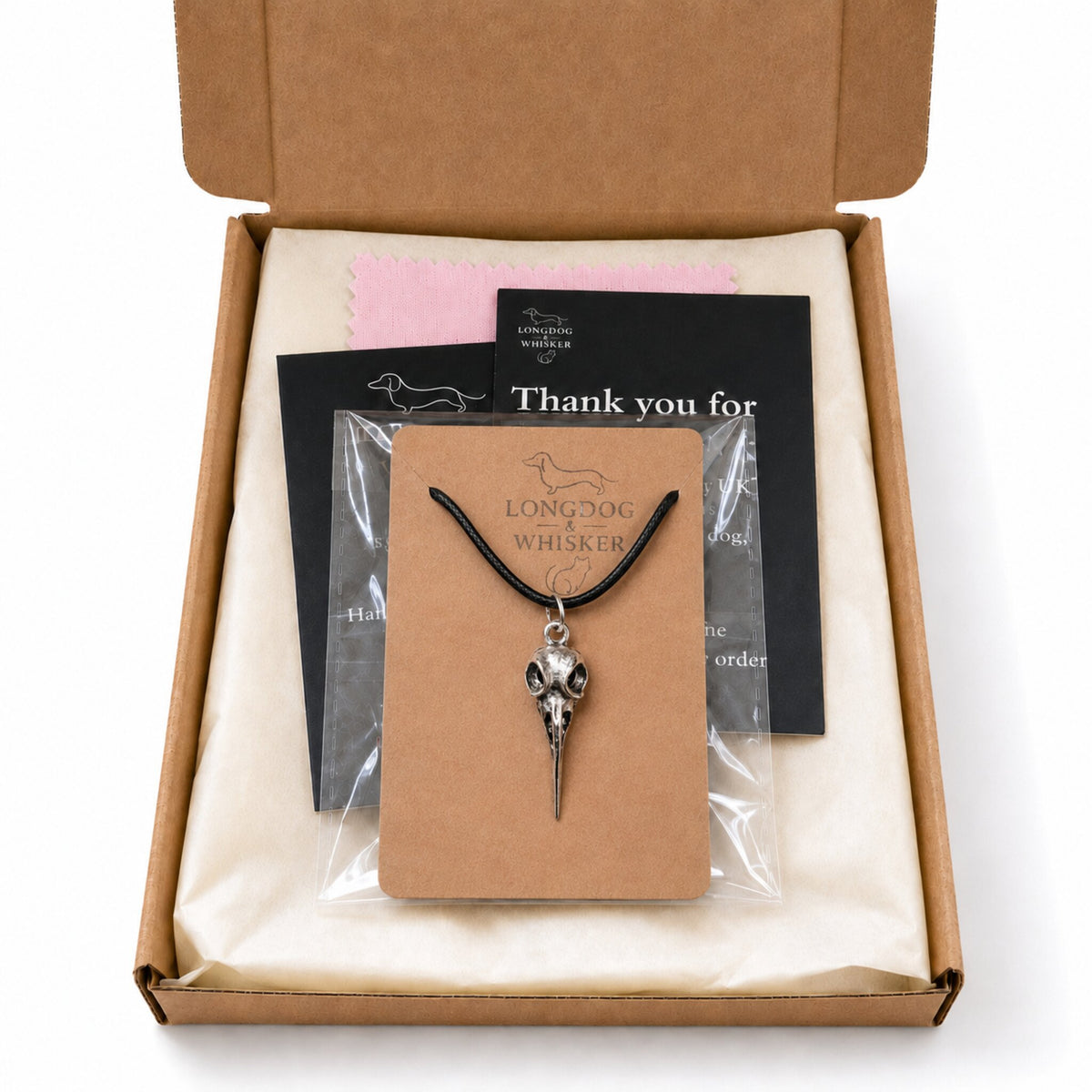 Bird Skull Design 3 Necklace with Longdog & Whisker packaging