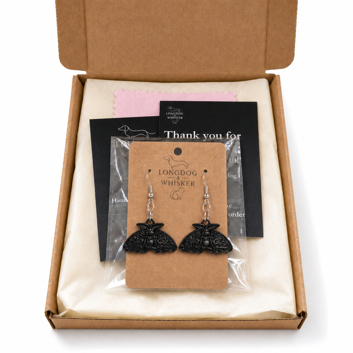 Black Moth Earrings with Longdog & Whisker packaging