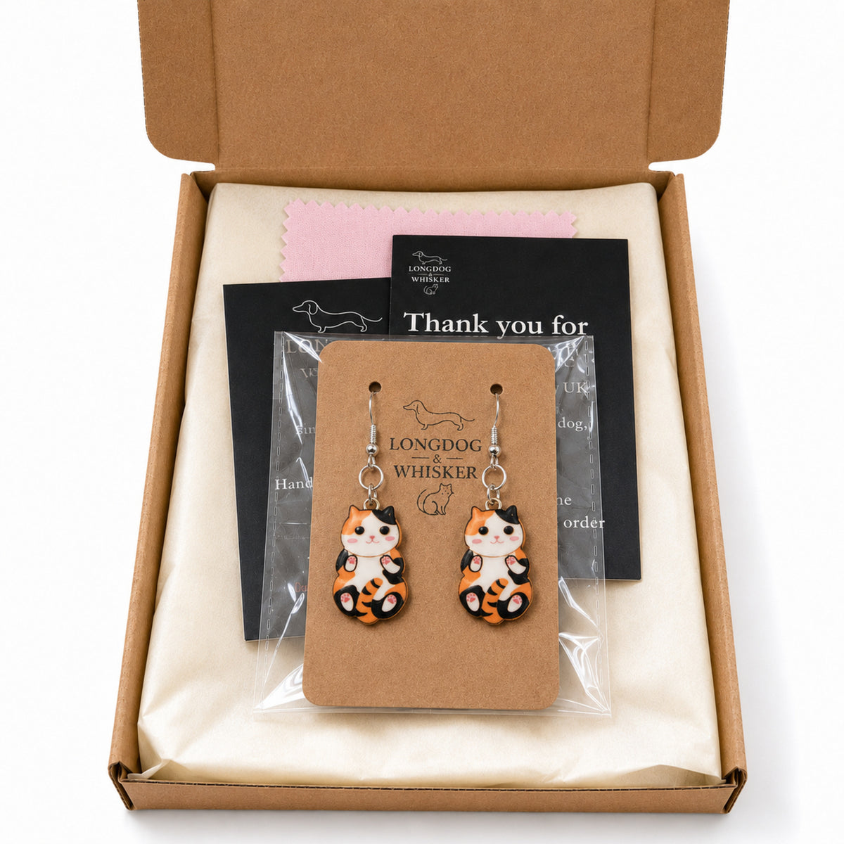 Belly Rub Cat Earrings - Calico with Longdog & Whisker packaging