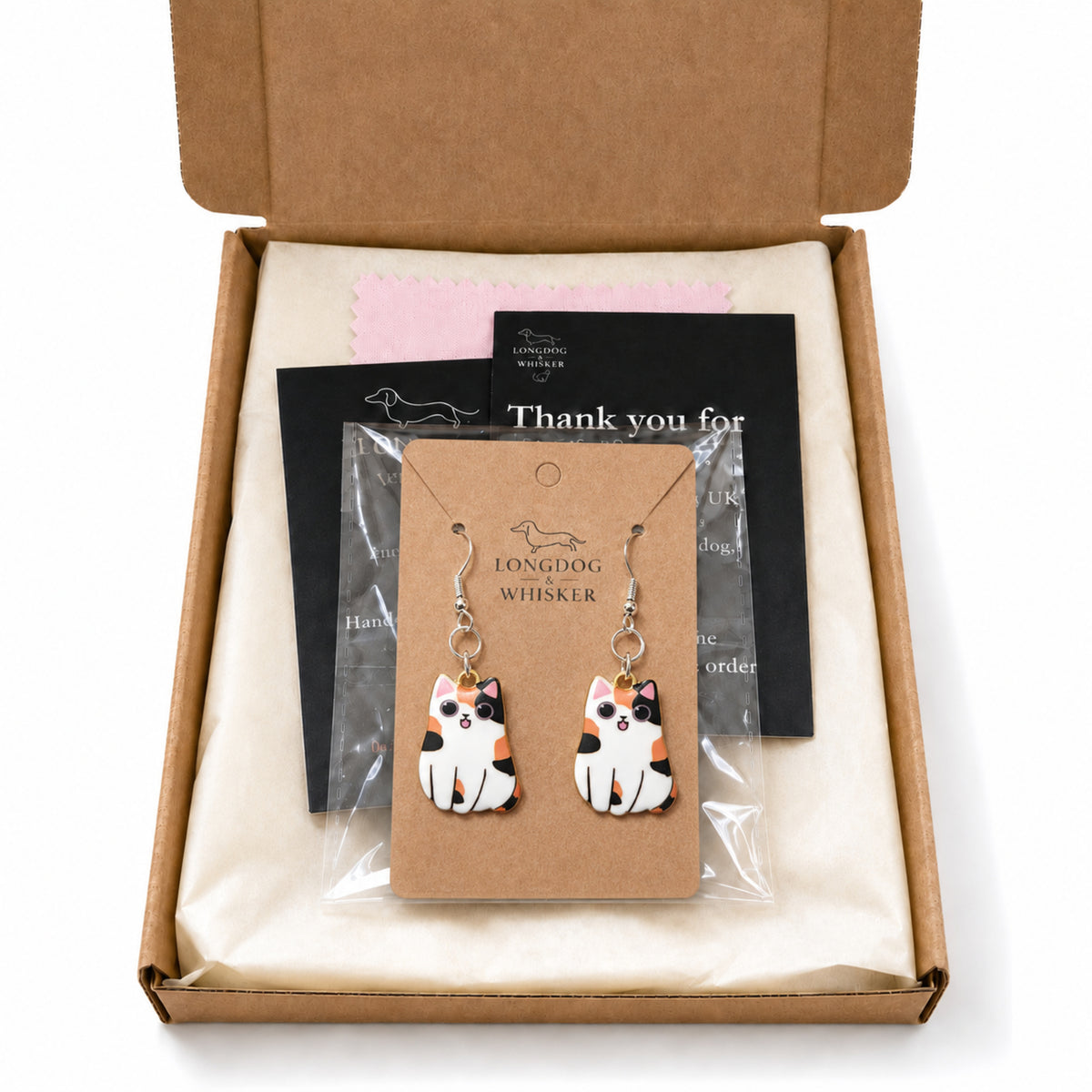 Chonky Cat Earrings - Calico with Longdog & Whisker packaging