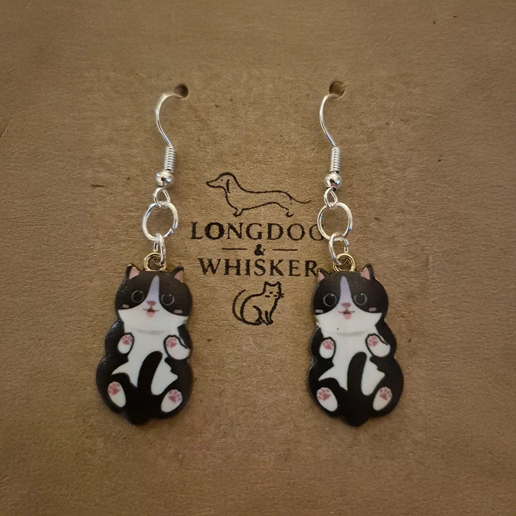 Belly Rub Cat Earrings - Black & White