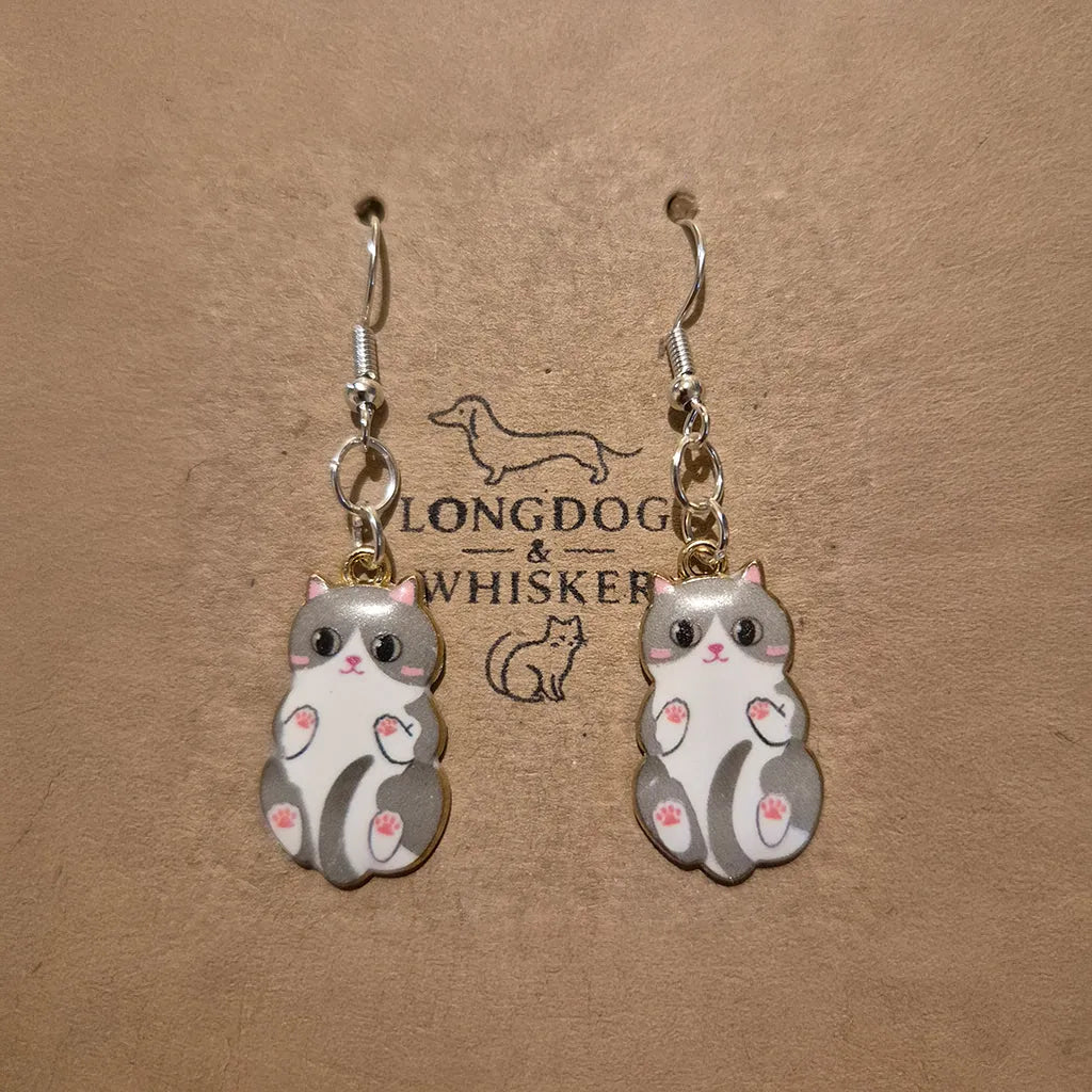 Belly Rub Cat Earrings - Grey