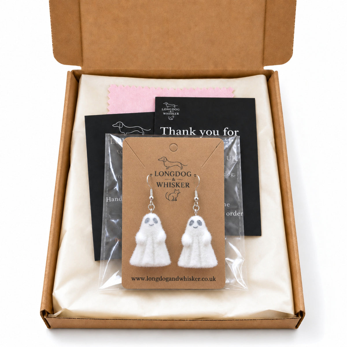 Cheeky Ghost Earrings sealed in a Longdog & Whisker gift-ready postal box