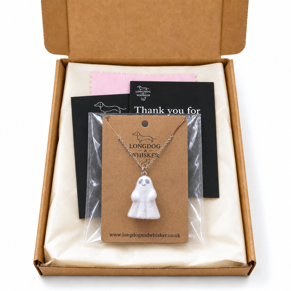 Cheeky Ghost Necklace in a Longdog & Whisker gift-ready postal box