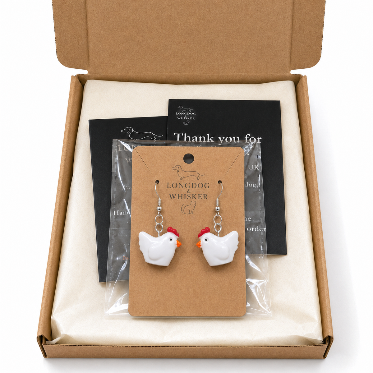 Chicken Earrings in Longdog & Whisker gift packaging