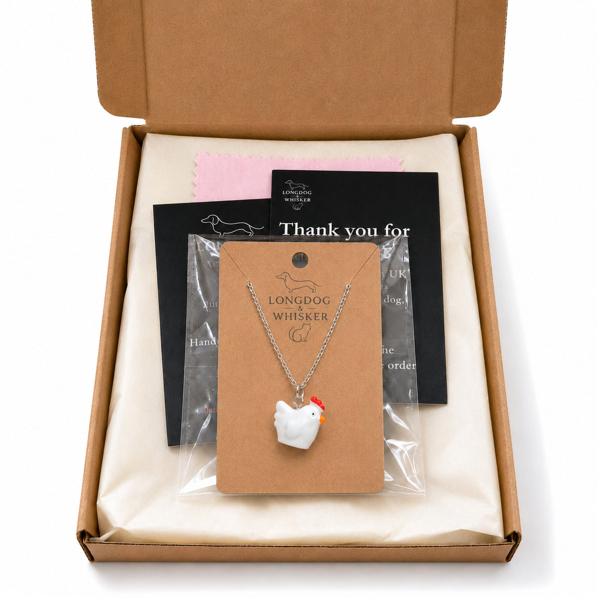 Chicken Necklace in Longdog & Whisker gift-ready packaging