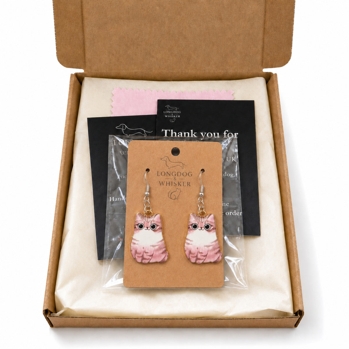 Chonky Cat Earrings - Tabby with Longdog & Whisker packaging