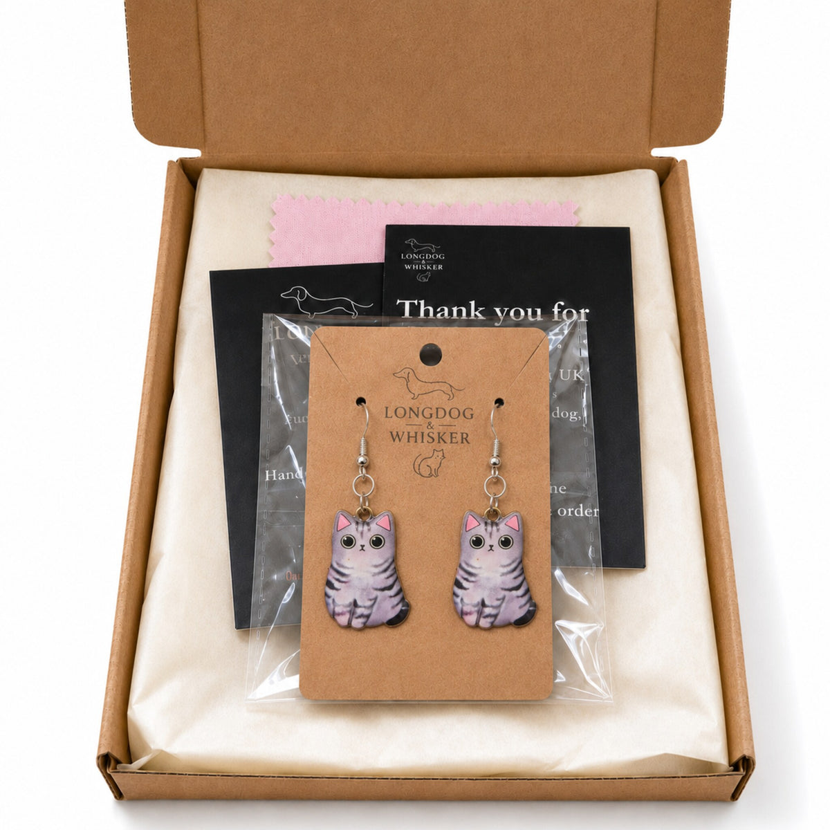 Chonky Cat Earrings - Grey Tabby with Longdog & Whisker packaging