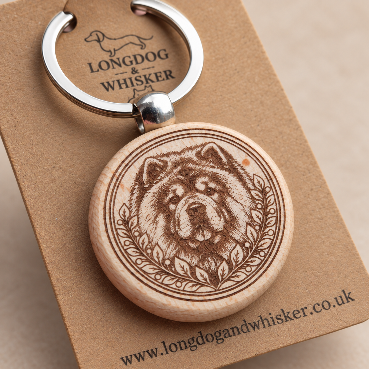 Close-up of Chow Chow portrait, leafy border, natural wood edge and silver connector