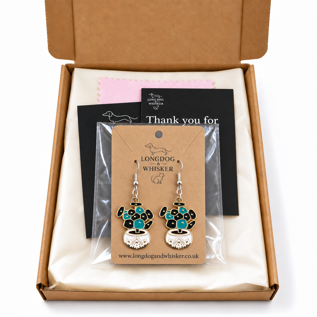Coin Leaf Plant Pot Earrings in Longdog & Whisker gift-ready packaging