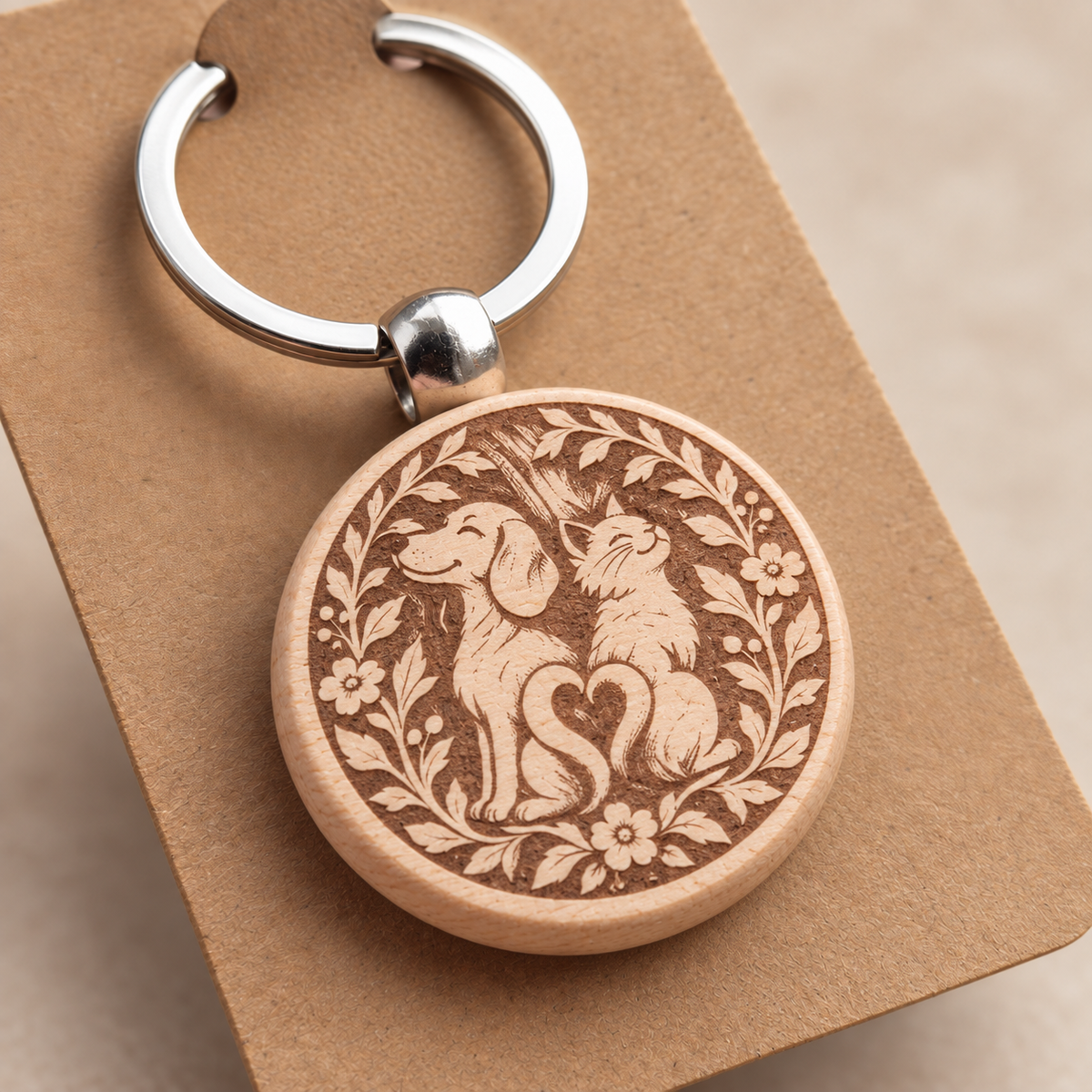 Close-up of the Dog and Cat Love wooden keyring engraving