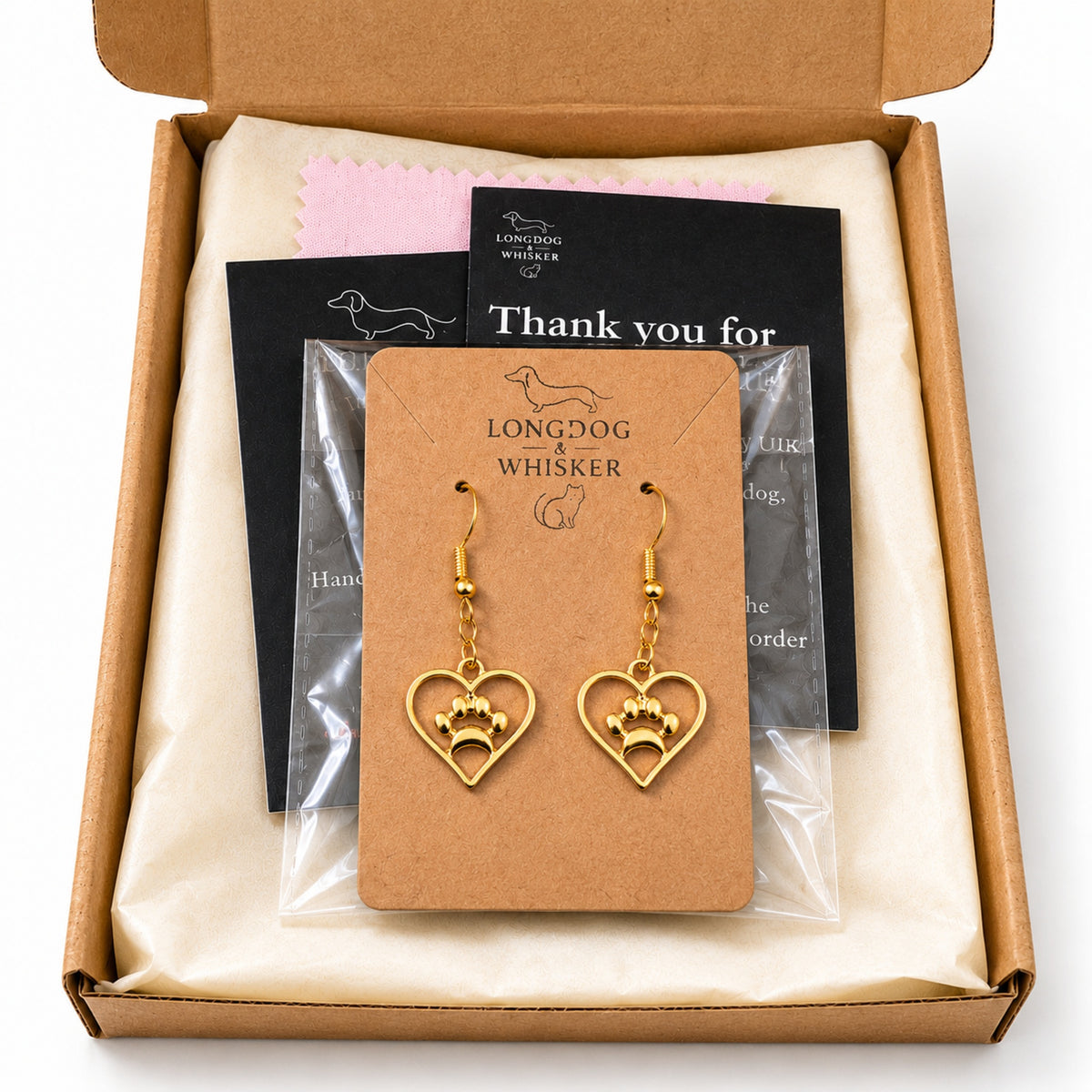 Gold Heart Dog Paw Print Earrings with Longdog & Whisker packaging