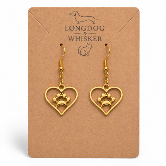 Gold Heart Dog Paw Print Earrings by Longdog & Whisker