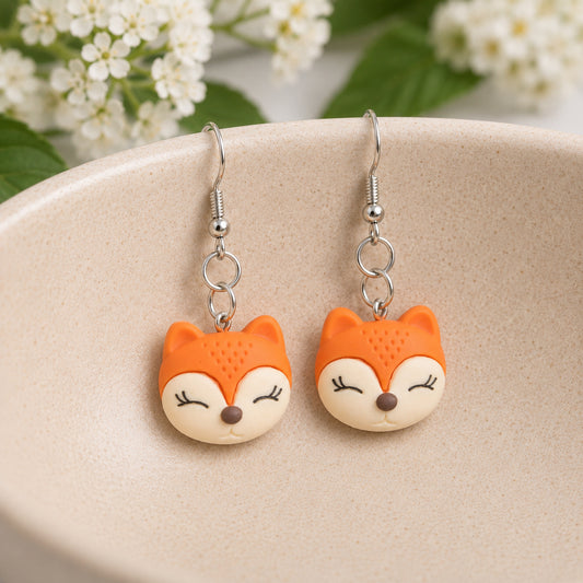 Fox Face Earrings - Silver Hook displayed in a lifestyle product photo