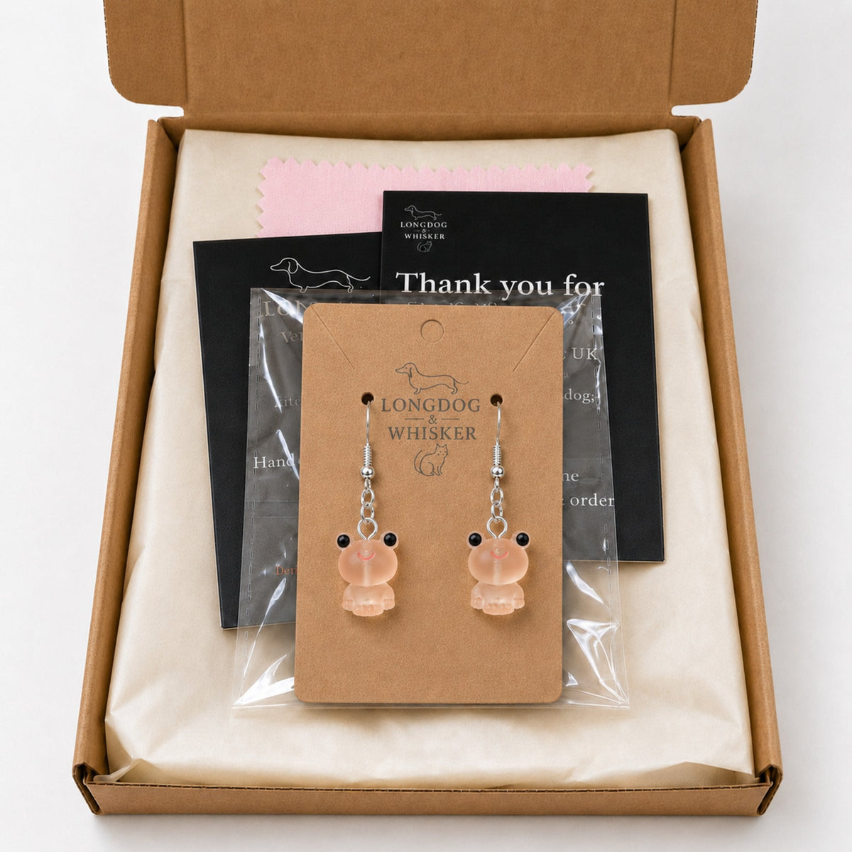 Frosted Frog in Apricot Earrings in Longdog & Whisker gift packaging box