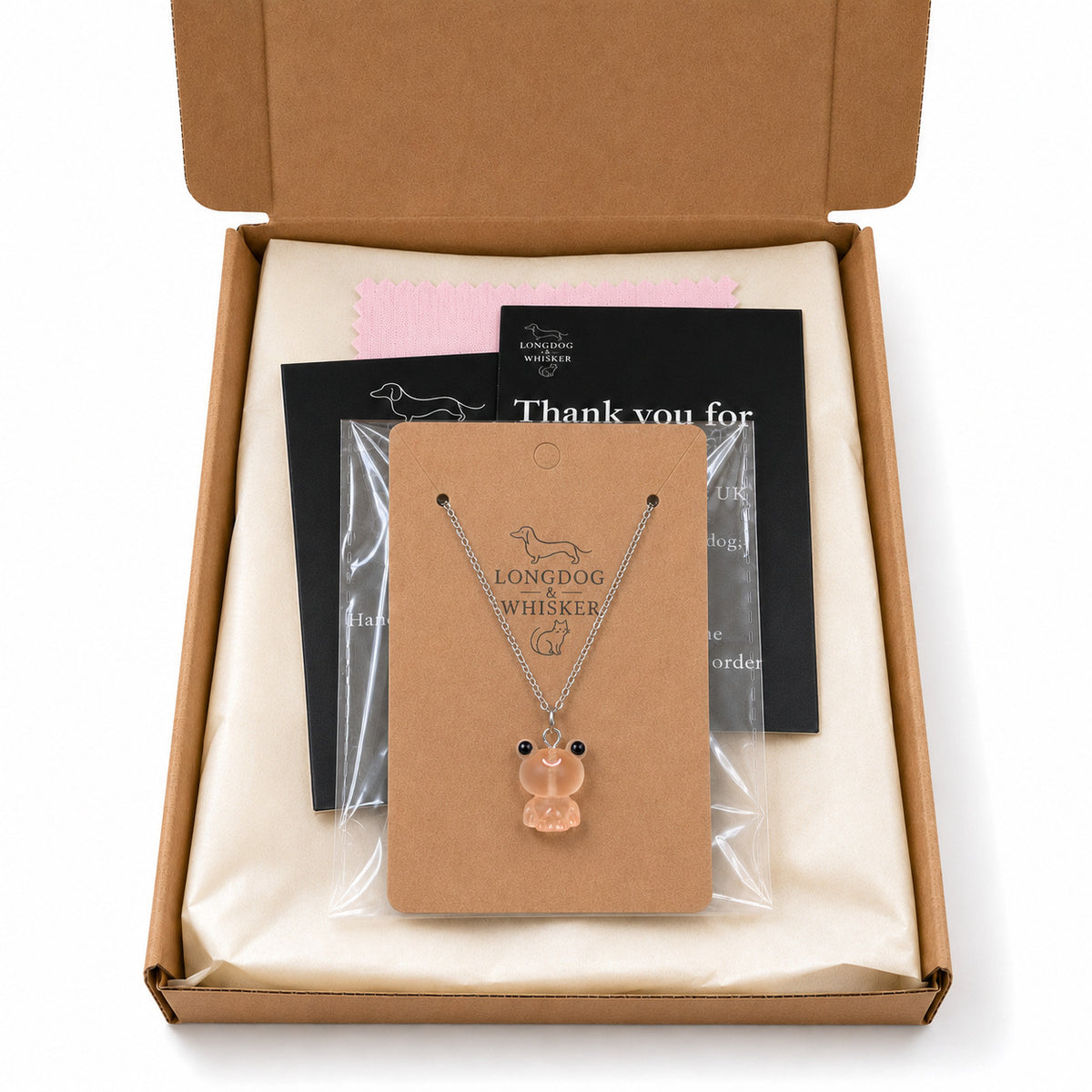Frosted Frog in Apricot Necklace in Longdog & Whisker gift packaging box