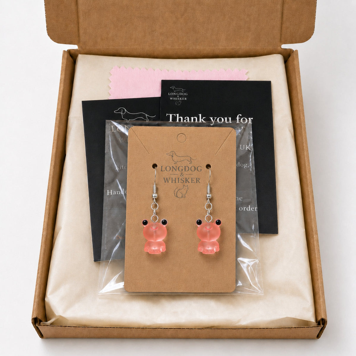 Frosted Frog in Coral Earrings in Longdog & Whisker gift packaging box