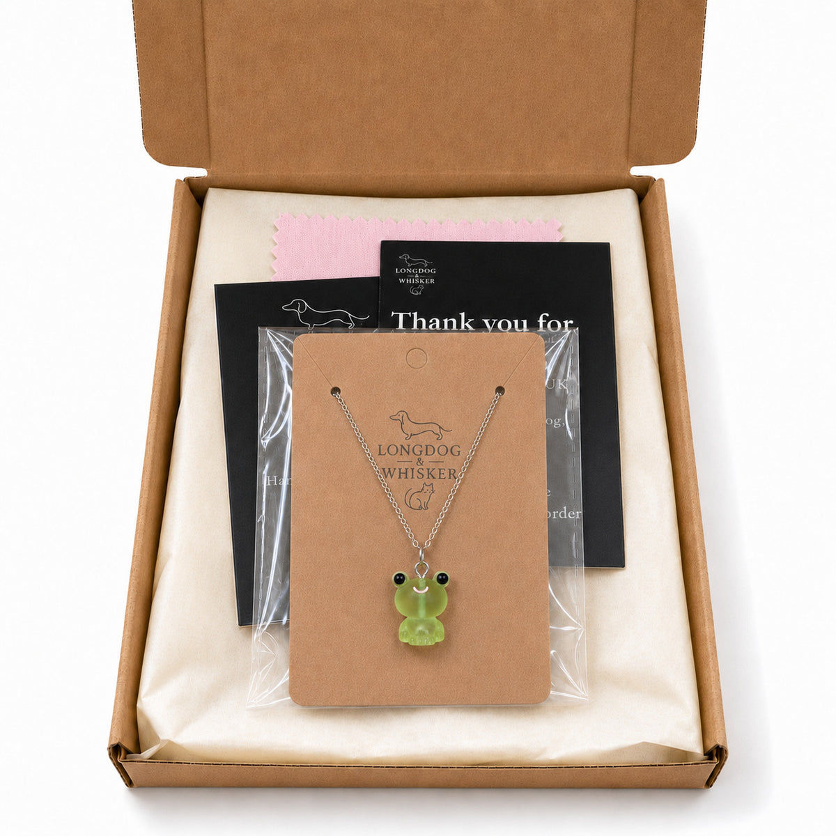 Frosted Frog in Green Necklace in Longdog & Whisker gift packaging box