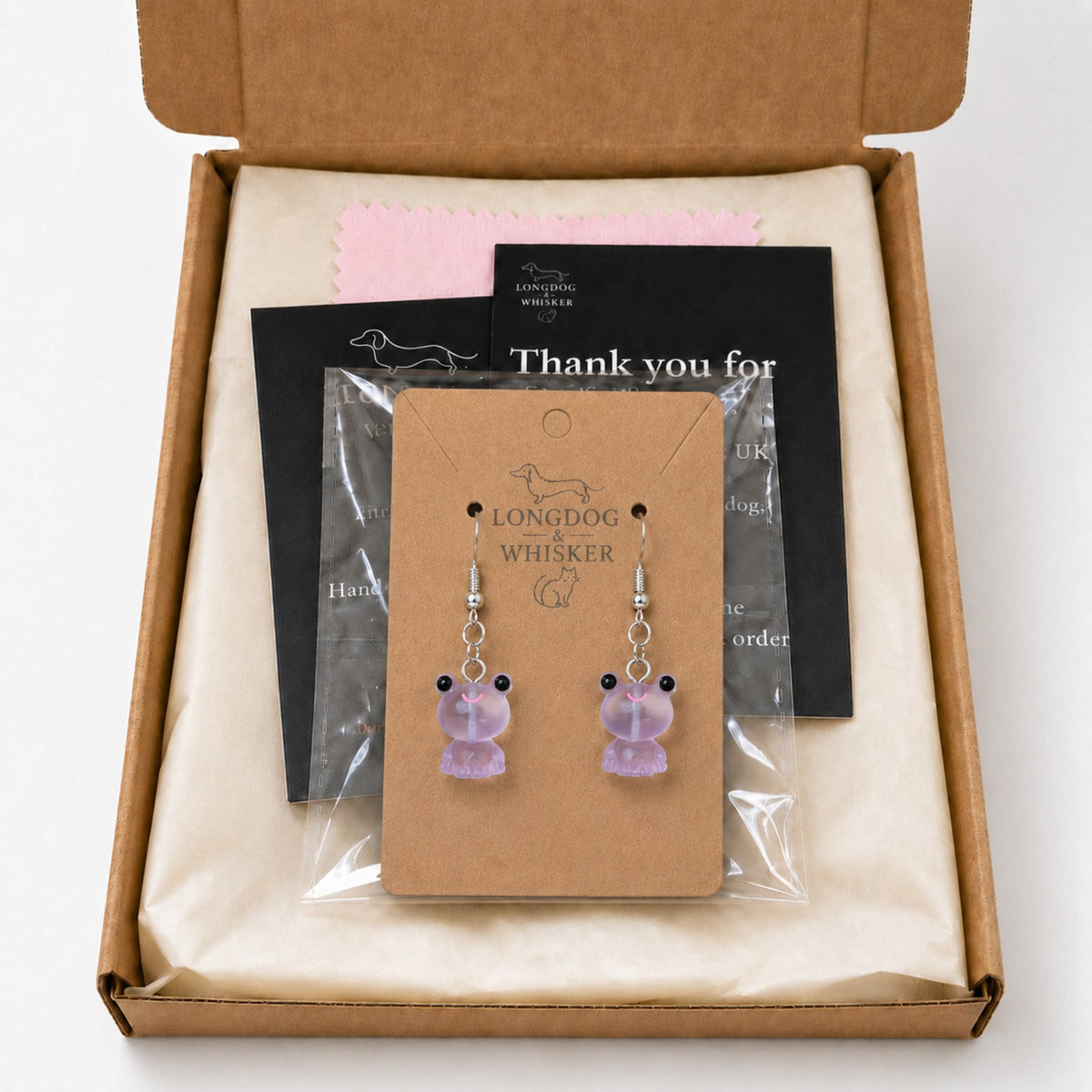 Frosted Frog in Lilac Earrings in Longdog & Whisker gift packaging