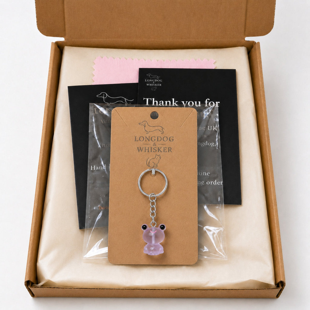 Frosted Frog in Lilac Keyring & Bag Charm in Longdog & Whisker gift packaging box