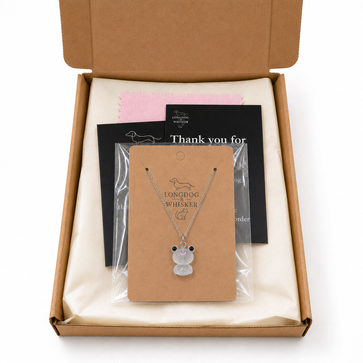 Frosted Frog in White Necklace in Longdog & Whisker gift packaging box