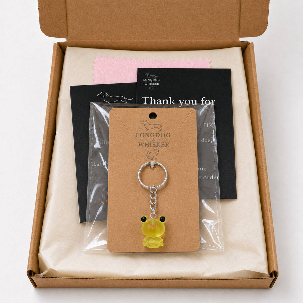 Frosted Frog in Yellow Keyring & Bag Charm in Longdog & Whisker gift packaging box