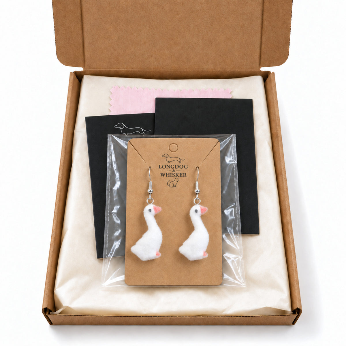 Fuzzy Goose Earrings in Longdog & Whisker gift-ready packaging