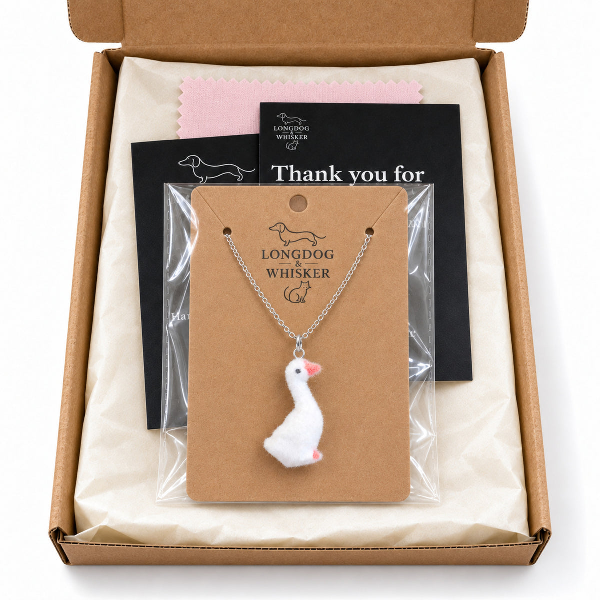Fuzzy Goose Necklace in Longdog & Whisker gift-ready packaging