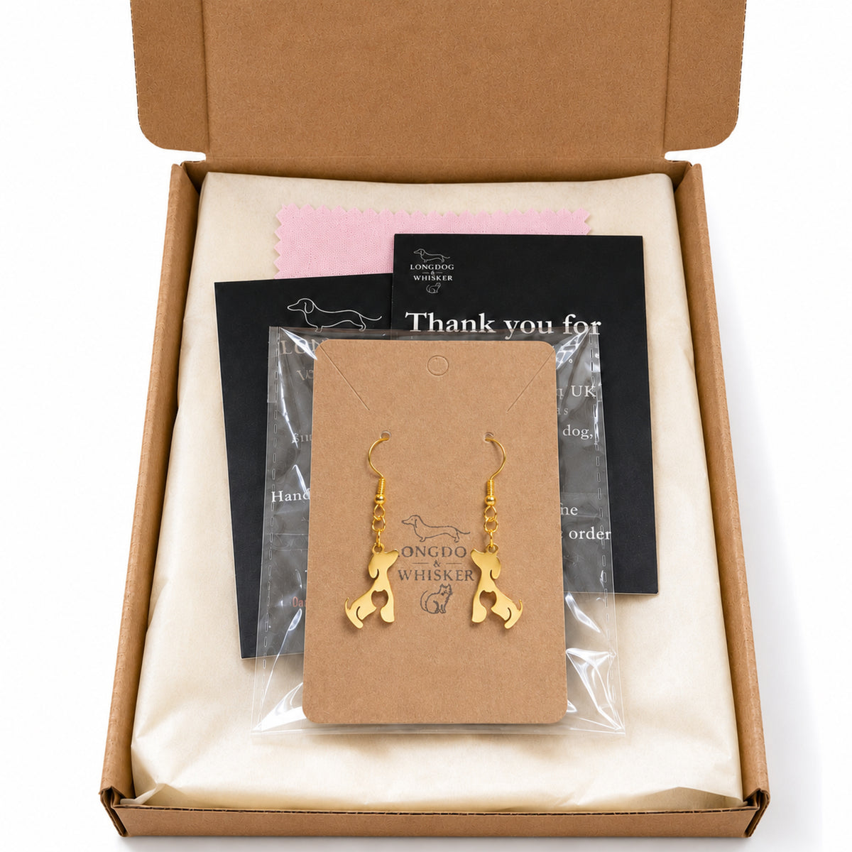 Cat At Heart Dog Earrings - Gold with Longdog & Whisker packaging