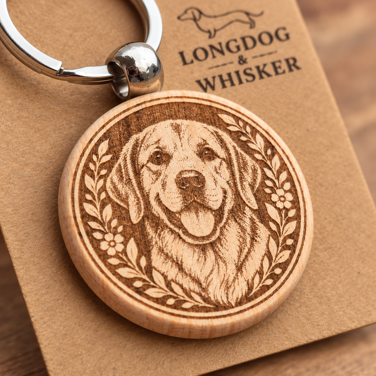 Close-up of the printed Golden Labrador wooden keyring and silver-tone hardware