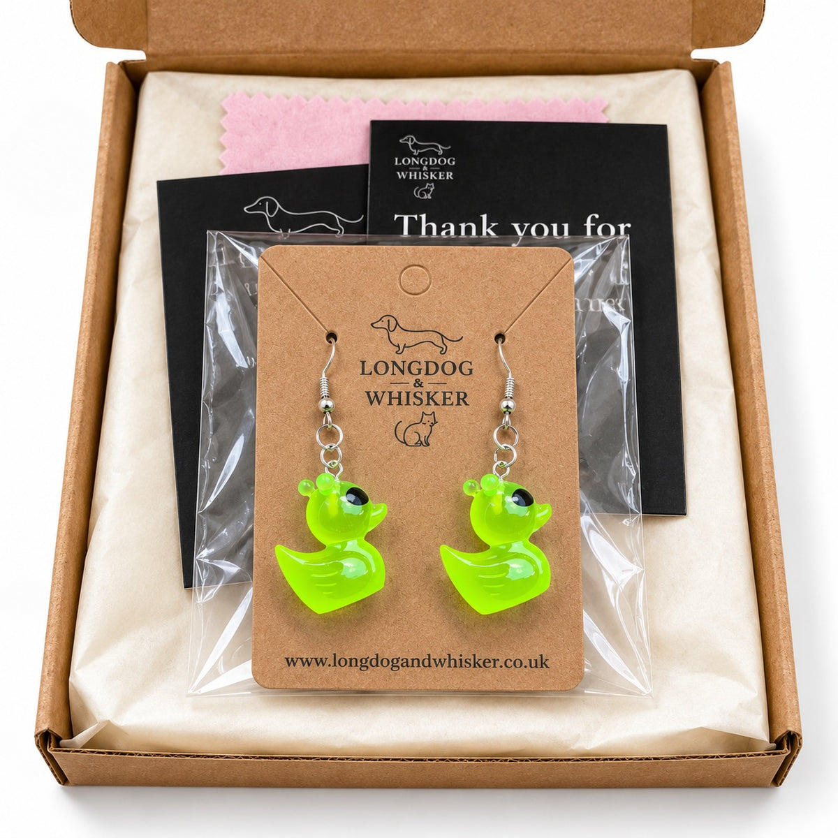 Green Alien Duck Earrings in gift-ready Longdog & Whisker packaging