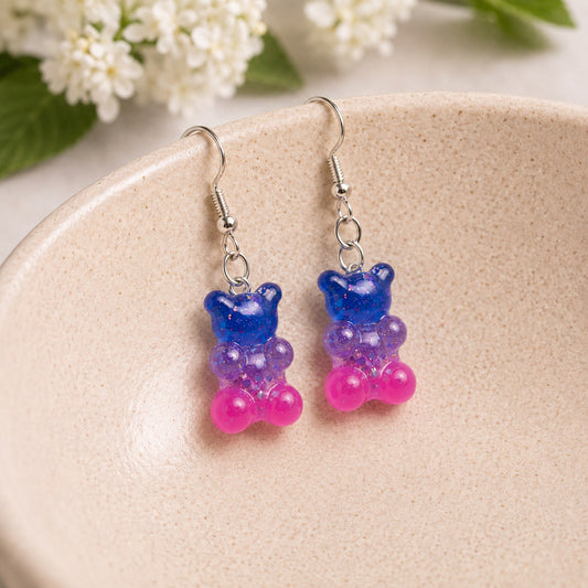 Gummy Bear Earrings - Dark Blue / Pink displayed in a lifestyle product photo