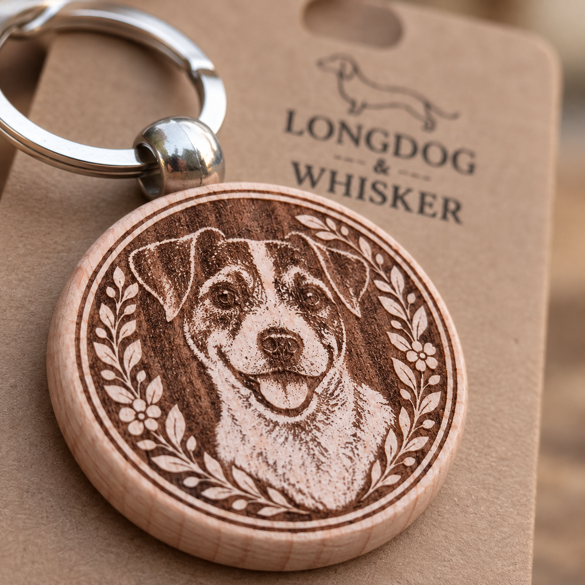 Close detail of the Jack Russell wooden keyring engraving