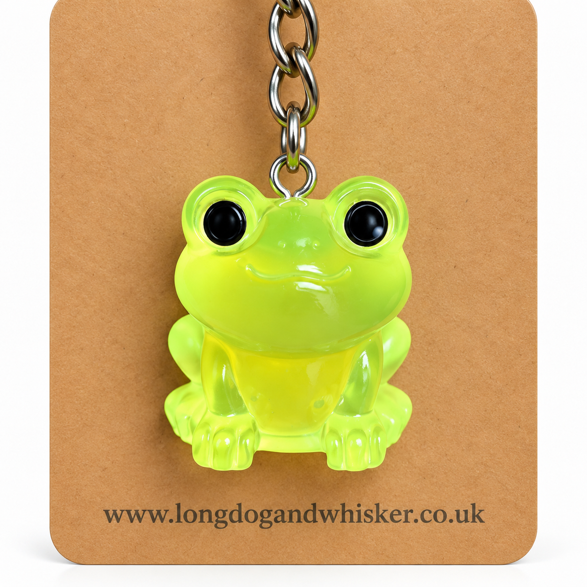 Close-up detail of Large Neon Green Frog Keyring and Bag Charm