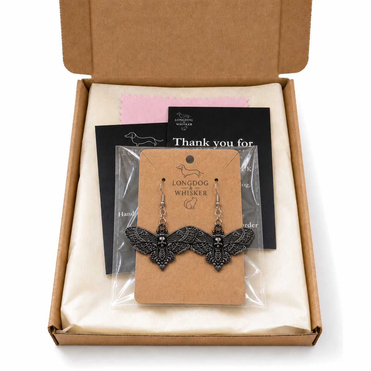 Black Butterfly Earrings with Longdog & Whisker packaging