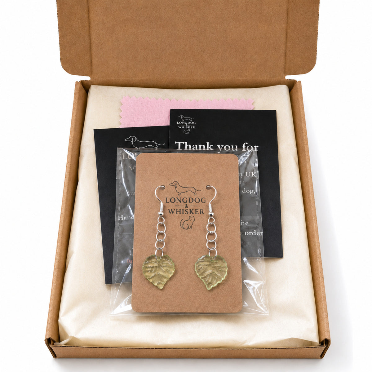 Leaf Earrings - Silver Hooks with Longdog & Whisker packaging
