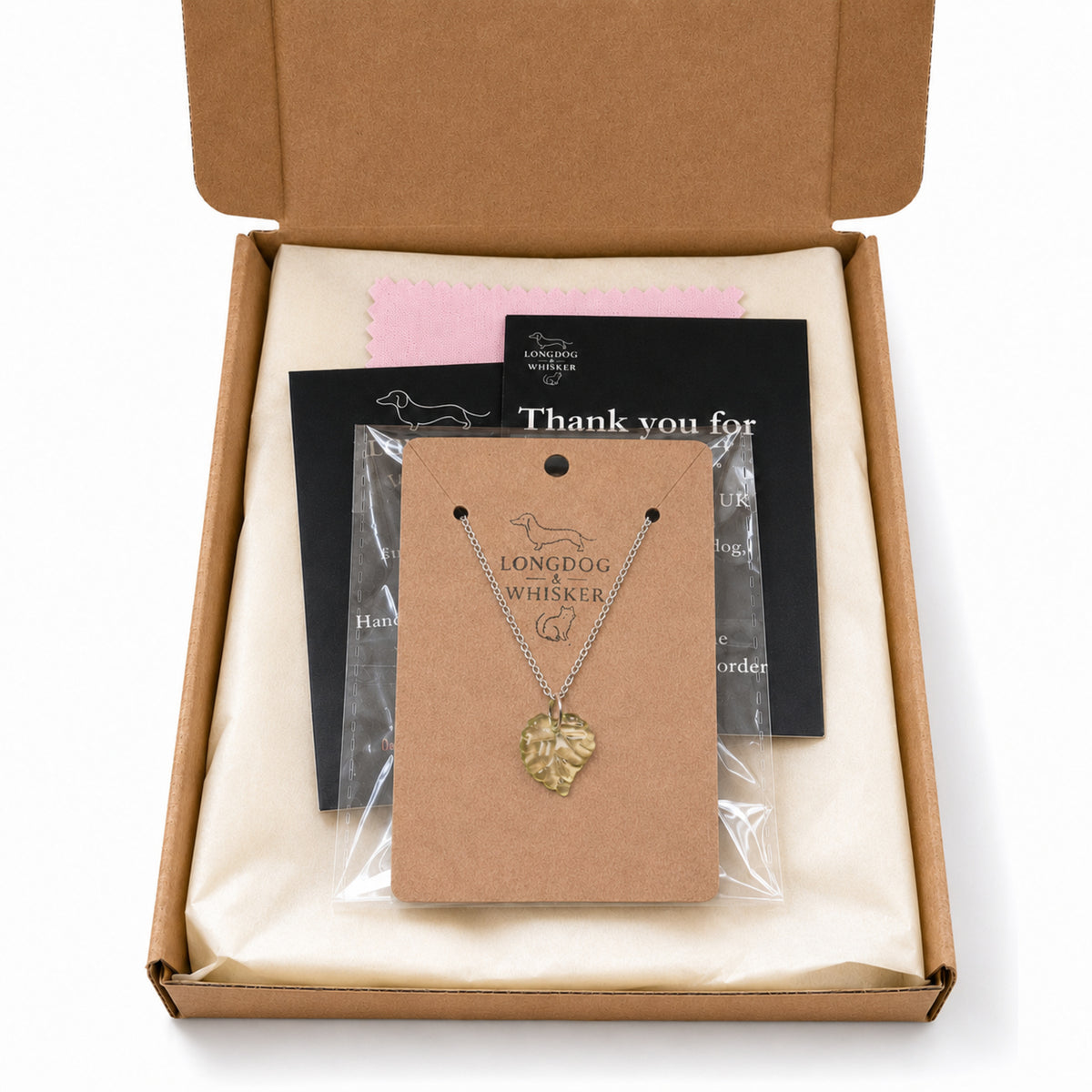 Silver Leaf Necklace with Longdog & Whisker packaging
