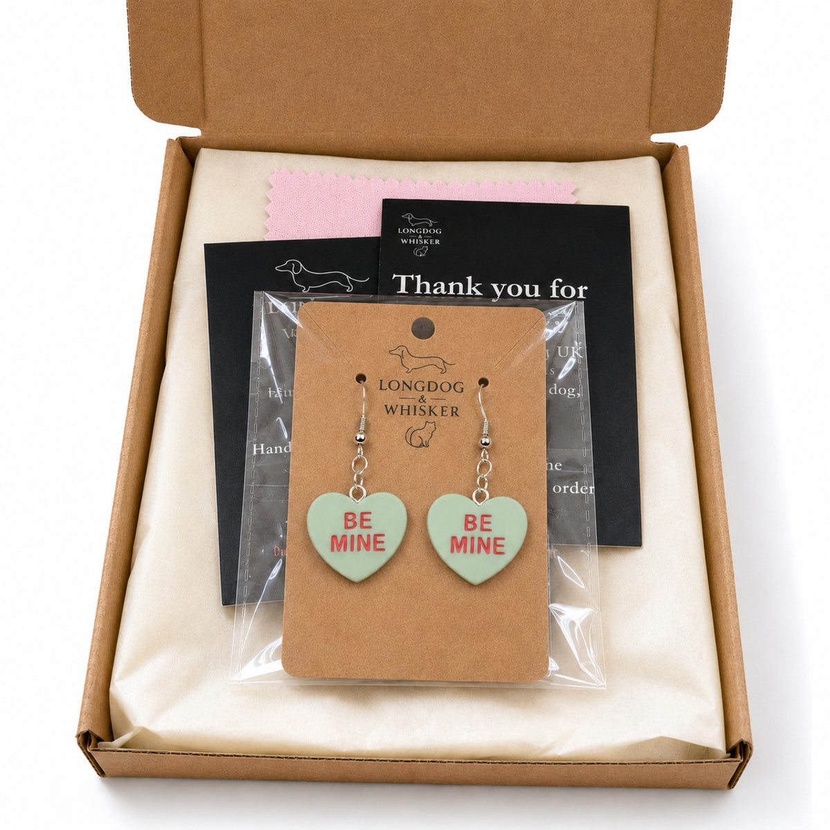 Be Mine Heart Earrings - Light Green with Longdog & Whisker packaging