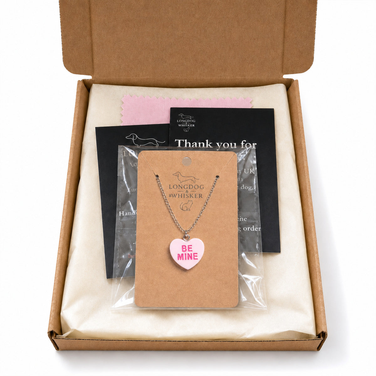 Be Mine Necklace - Light Pink with Longdog & Whisker packaging