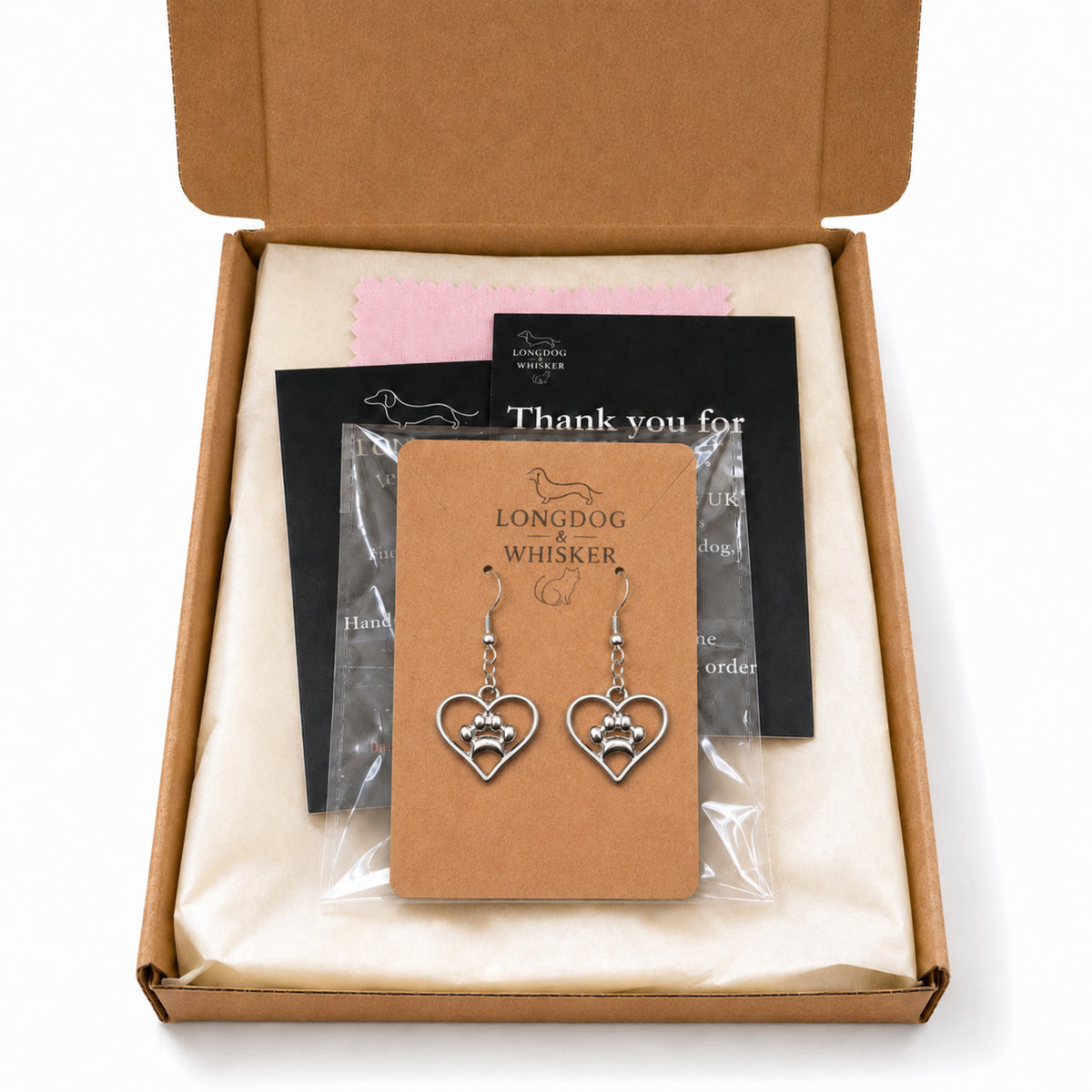 Silver Heart Dog Paw Print Earrings with Longdog & Whisker packaging