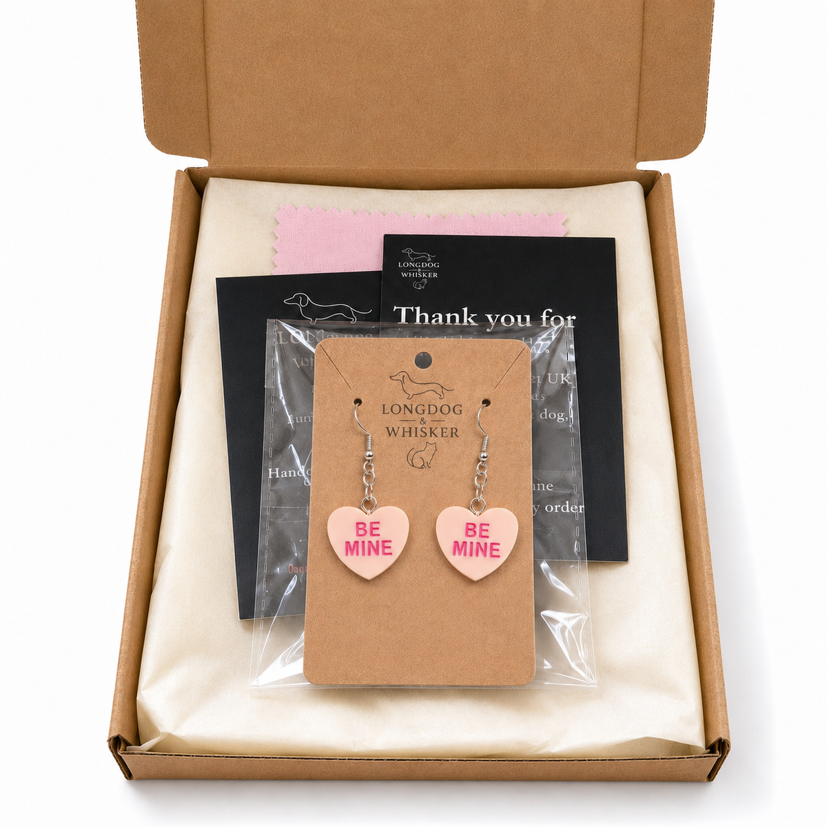 Be Mine Heart Earrings - Peach with Longdog & Whisker packaging
