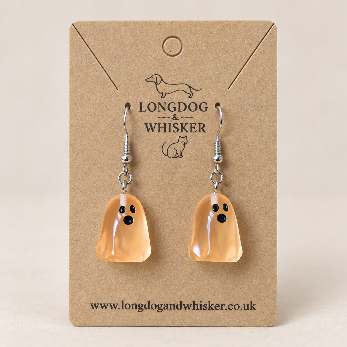 Peach Ghost Earrings on Longdog & Whisker packaging card