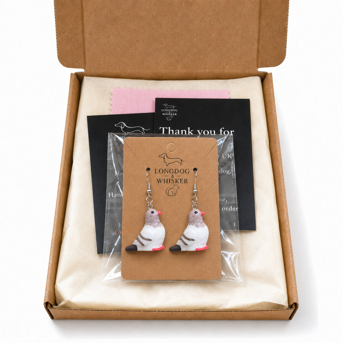 Pigeon Earrings in Longdog & Whisker gift-ready packaging